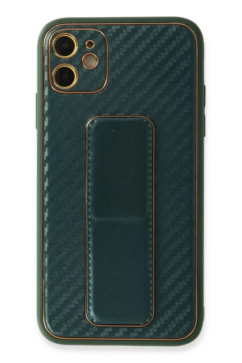 Apple iPhone 12 Kılıf Coco Karbon Standlı Kapak - Yeşil Apple iPhone 12 Kılıf Coco Karbon Standlı Kapak - Yeşil