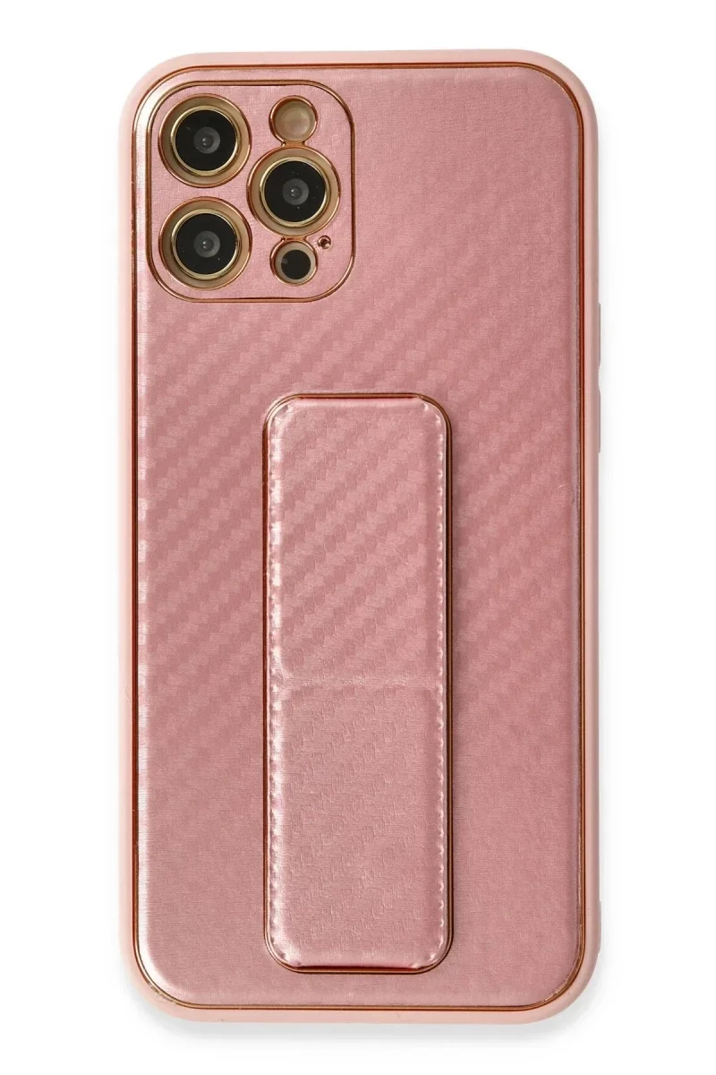 Apple iPhone 12 Pro Kılıf Coco Karbon Standlı Kapak - Pembe Apple iPhone 12 Pro Kılıf Coco Karbon Standlı Kapak - Pembe