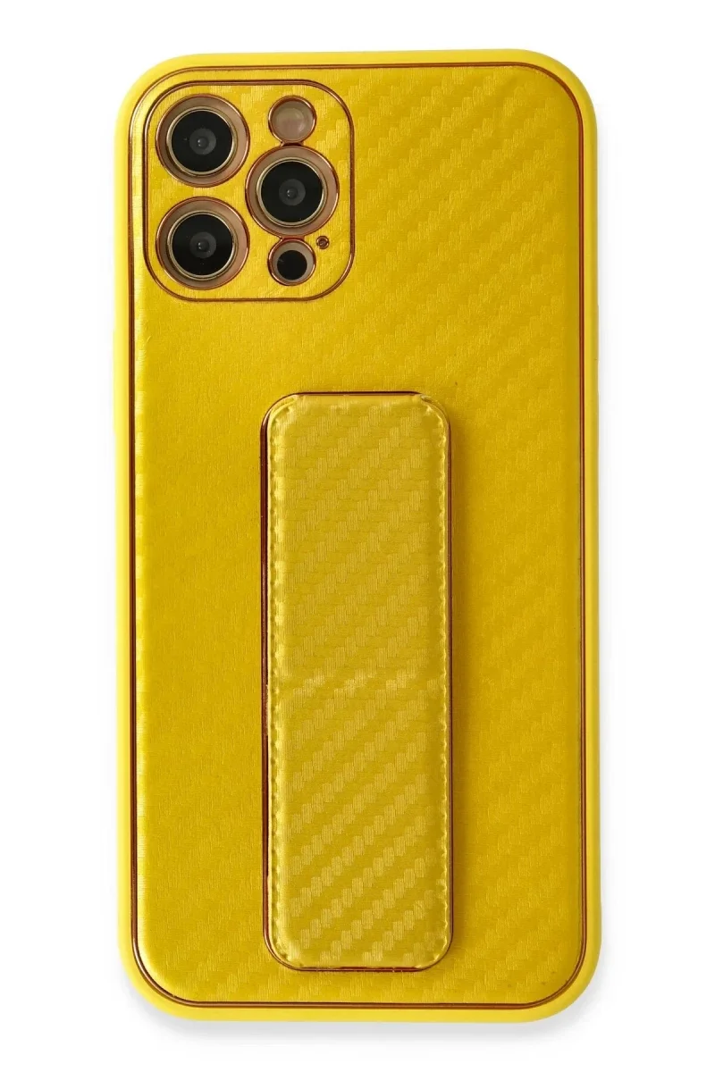 Apple iPhone 12 Pro Max Kılıf Coco Karbon Standlı Kapak - Sarı