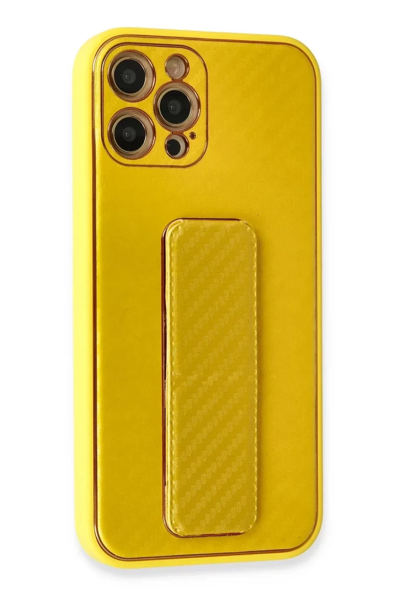 Apple iPhone 12 Pro Kılıf Coco Karbon Standlı Kapak - Sarı