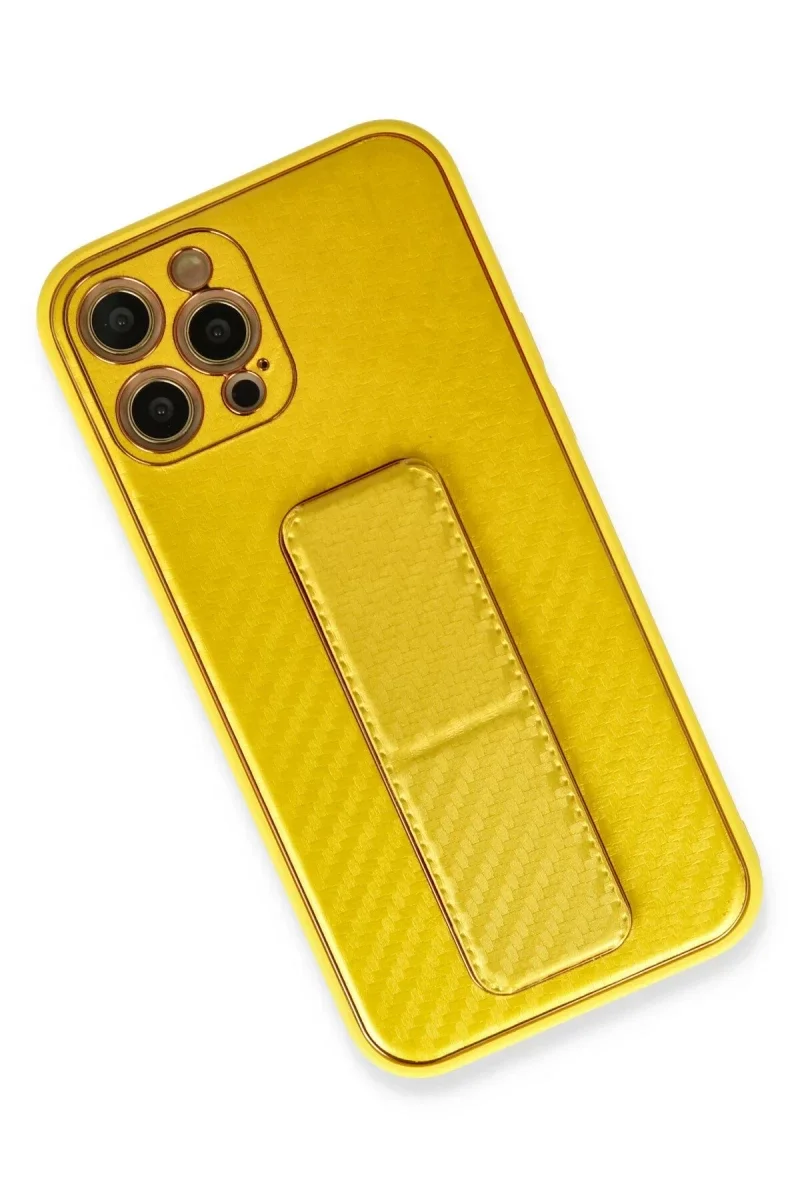 Apple iPhone 12 Pro Max Kılıf Coco Karbon Standlı Kapak - Sarı