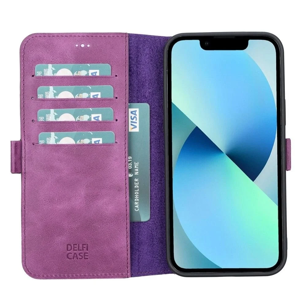 Apple iPhone 13 Pro Max Uyumlu Deri Cüzdanlı Kılıf Rustik Mor