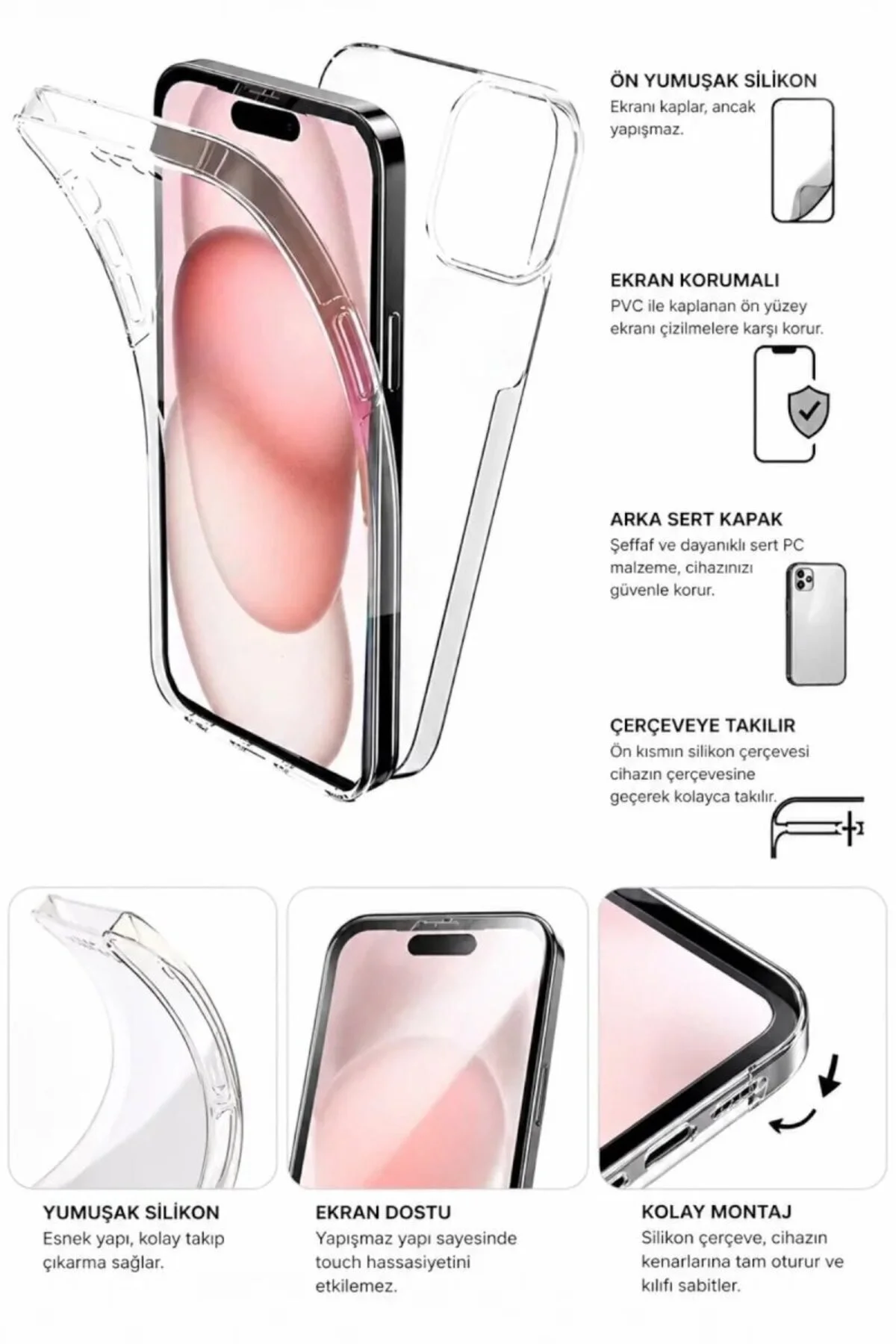 Apple iPhone 13 Pro Max 6.7'' Çift Taraflı Silikon Kılıf Şeffaf