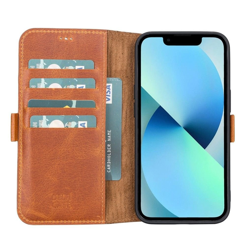 Apple iPhone 13 Uyumlu Deri Cüzdanlı Kılıf Antik Taba