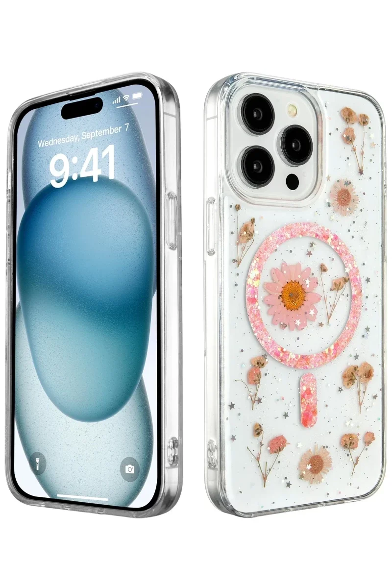 Apple iPhone 14 Pro Kılıf Daisy Simli Magsafe Kapak - Pembe Apple iPhone 14 Pro Kılıf Daisy Simli Magsafe Kapak - Pembe