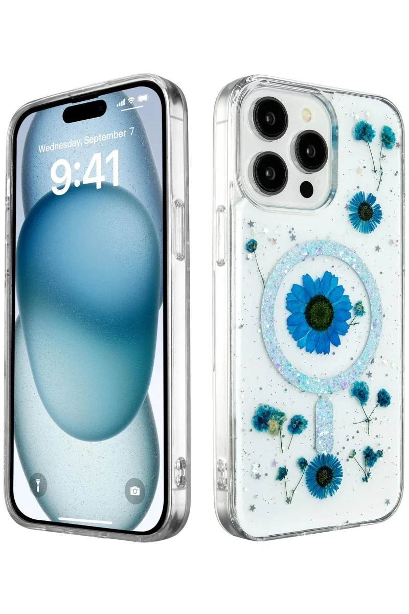 Apple iPhone 14 Pro Max Kılıf Daisy Simli Magsafe Kapak - Mavi