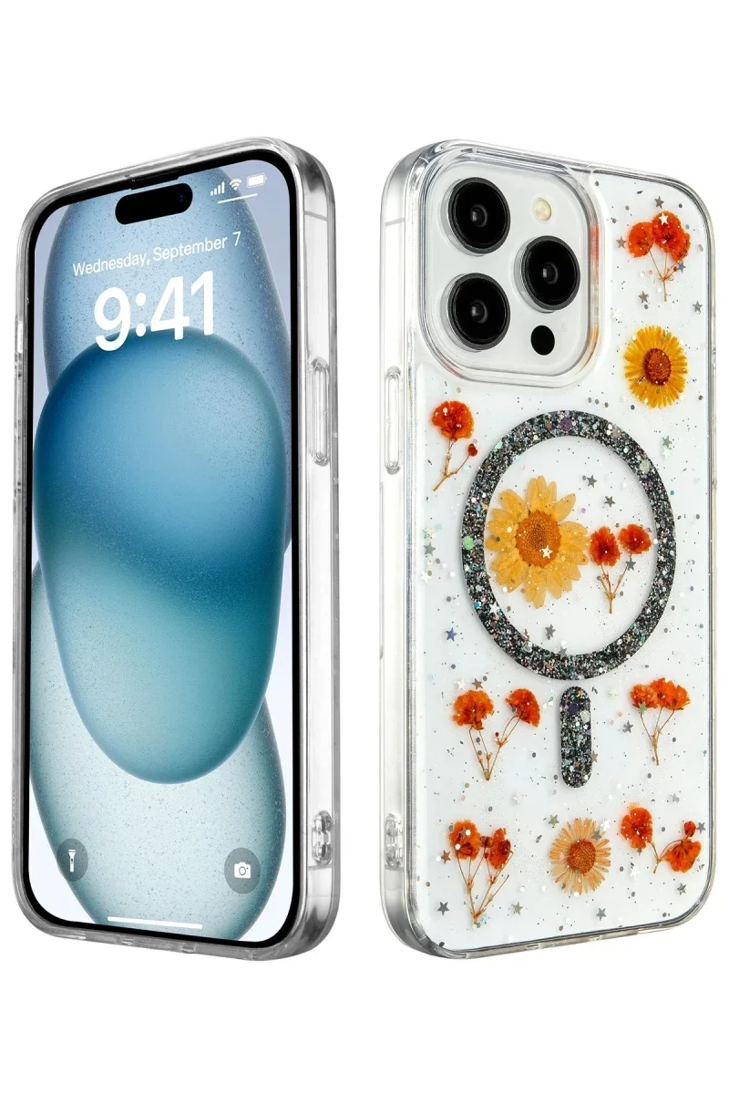 Apple iPhone 14 Pro Max Kılıf Daisy Simli Magsafe Kapak - Siyah