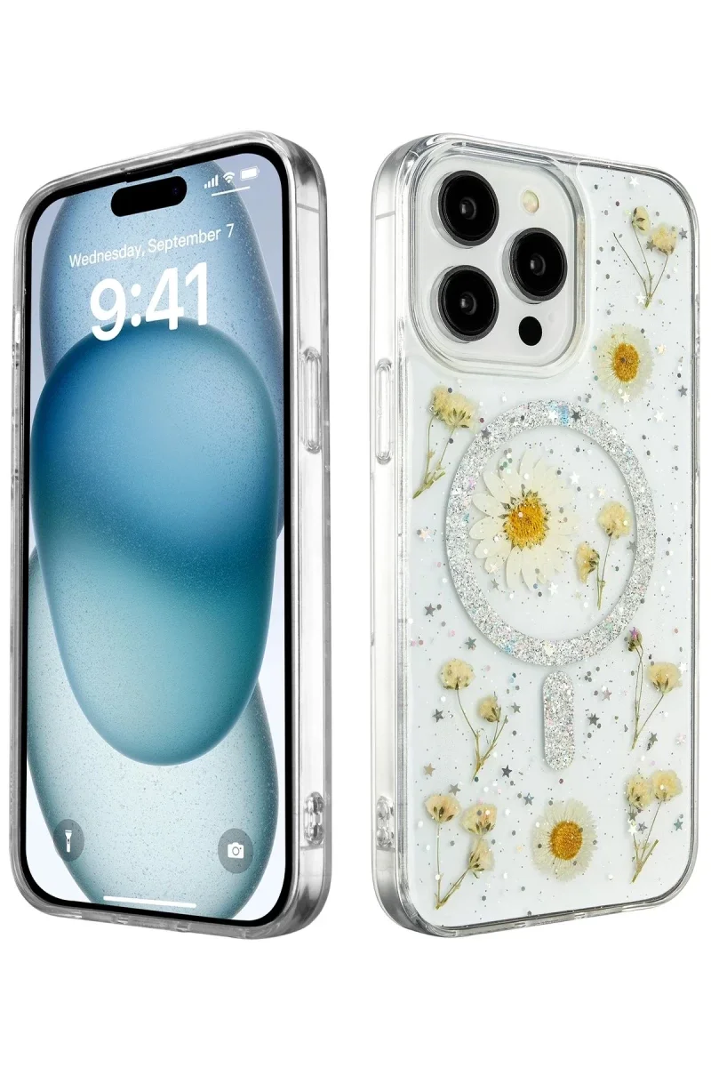 Apple iPhone 15 Pro Max Kılıf Daisy Simli Magsafe Kapak - Gümüş