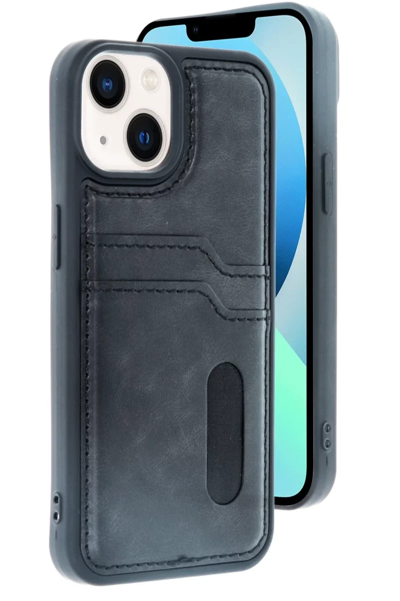 Apple iPhone 15 Sara Kartvizitli Deri Kılıf - Siyah