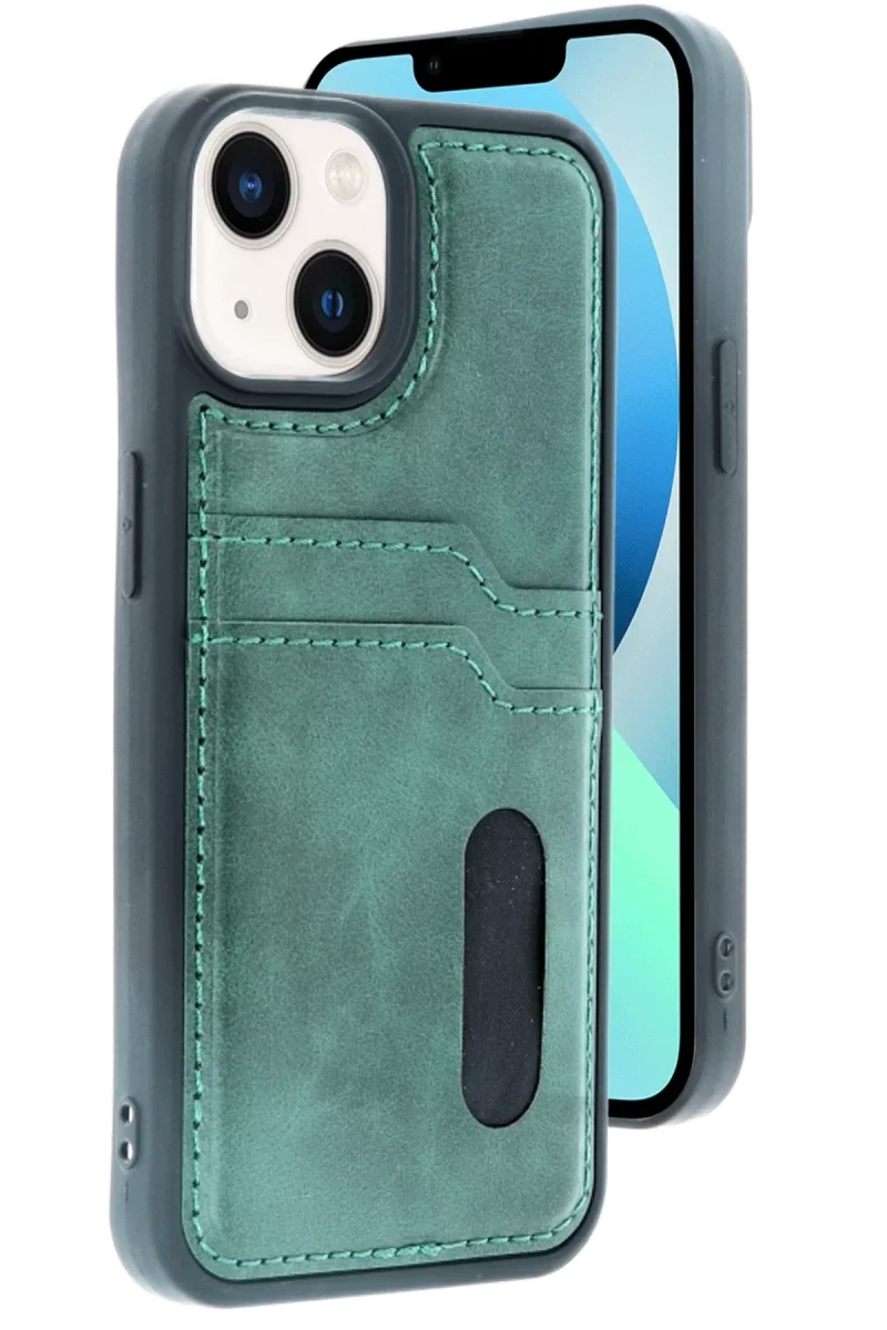 Apple iPhone 15 Sara Kartvizitli Deri Kılıf - Yeşil Apple iPhone 15 Sara Kartvizitli Deri Kılıf - Yeşil
