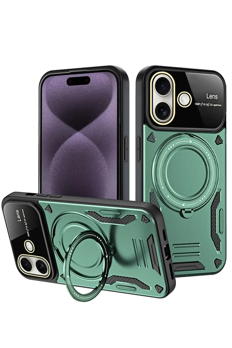 Apple iPhone 16 Kılıf Joy Lens Standlı Kapak - Koyu Yeşil Apple iPhone 16 Kılıf Joy Lens Standlı Kapak - Koyu Yeşil