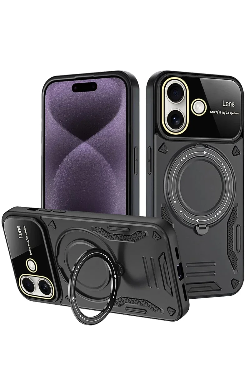 Apple iPhone 16 Kılıf Joy Lens Standlı Kapak - Siyah