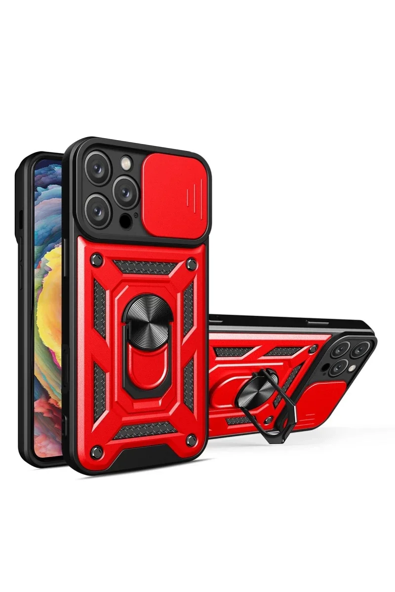 Apple iPhone 16 Pro Max Kılıf Pars Lens Yüzüklü Silikon - Kırmızı
