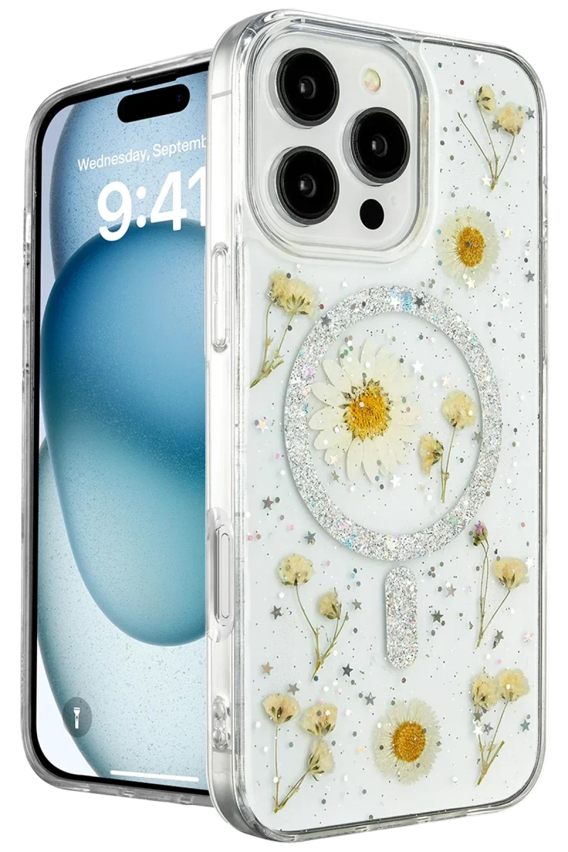 Apple iPhone 16 Pro Kılıf Daisy Simli Magsafe Kapak - Gümüş
