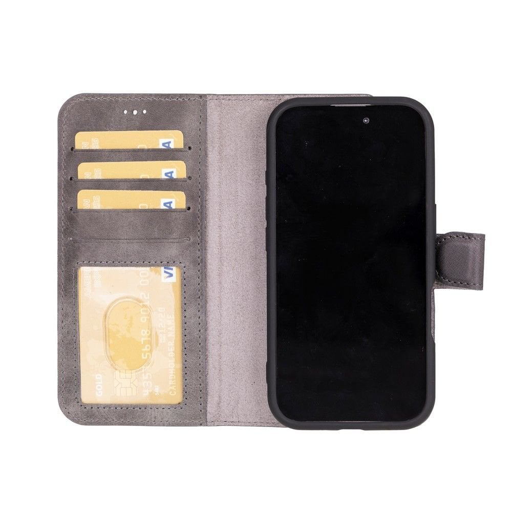 Apple iPhone 16 uyumlu, Hakiki Deri, El Yapımı, Cüzdanlı Kılıf, G