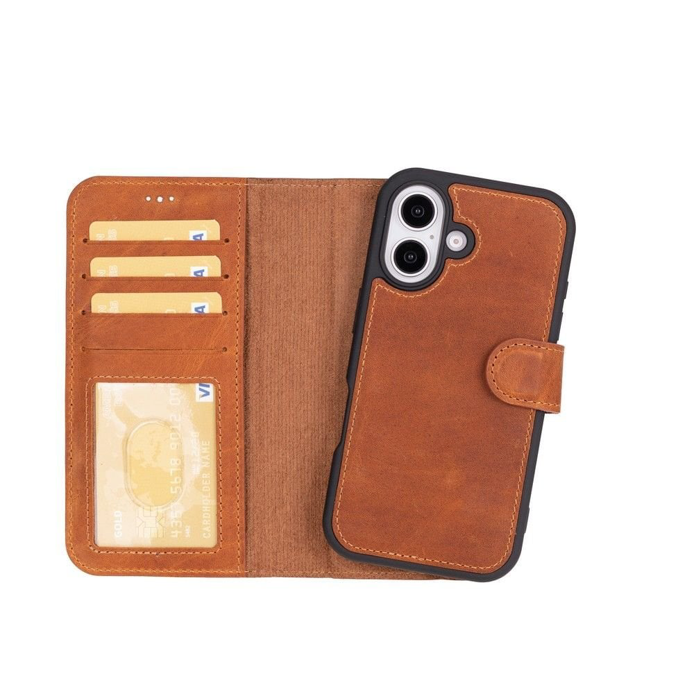 Apple iPhone 16 uyumlu, Hakiki Deri, El Yapımı, Cüzdanlı Kılıf, K