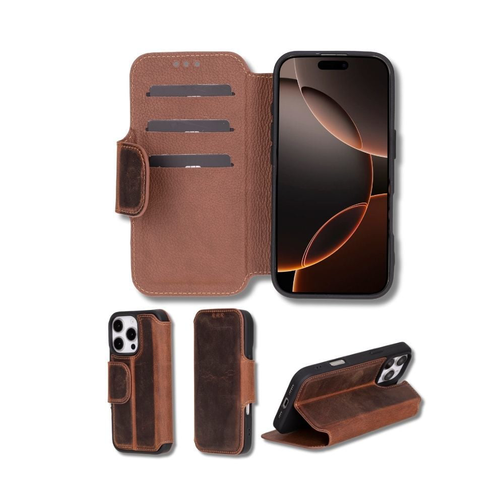 Apple iPhone 16 Pro Max uyumlu, Hakiki Deri, El Yapımı, Cüzdanlı