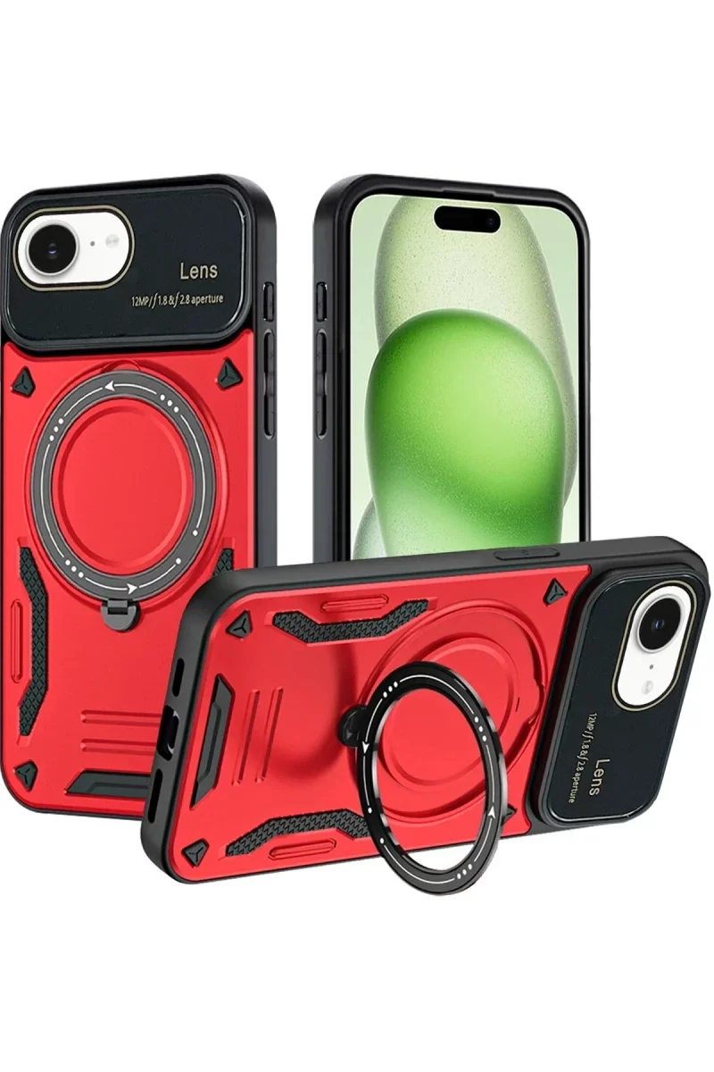 Apple iPhone 16E Kılıf Joy Lens Standlı Kapak - Kırmızı Apple iPhone 16E Kılıf Joy Lens Standlı Kapak - Kırmızı