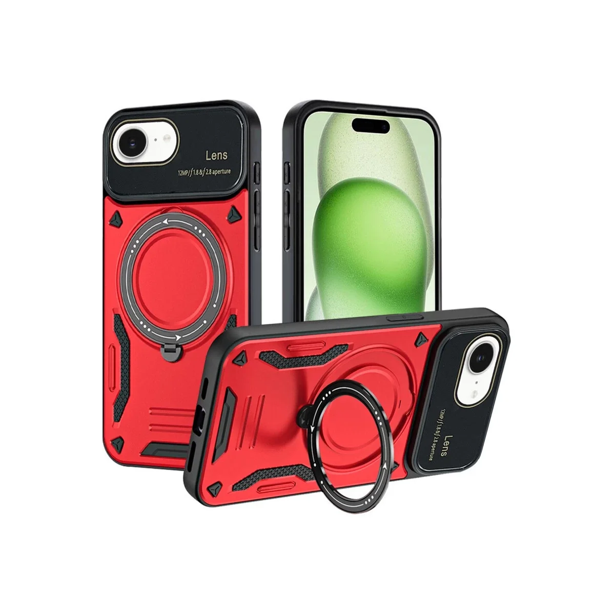 Apple iPhone 16E Kılıf Joy Lens Standlı Kapak - Kırmızı Apple iPhone 16E Kılıf Joy Lens Standlı Kapak - Kırmızı