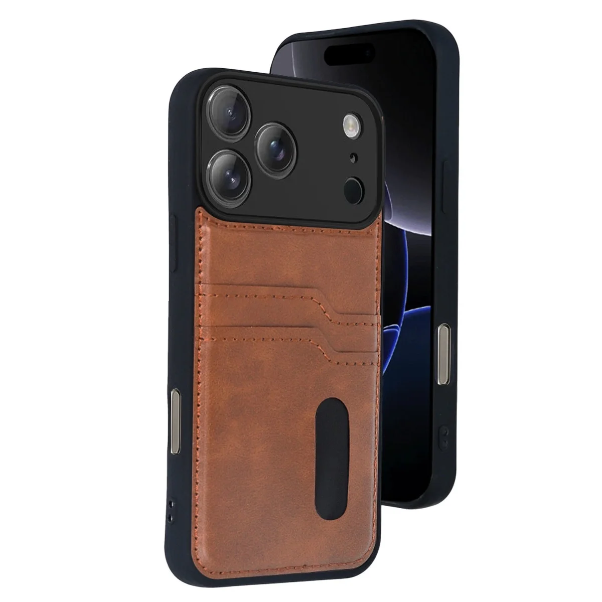 Apple İphone 17 Pro Sara Kartvizitli Deri Kılıf - Taba