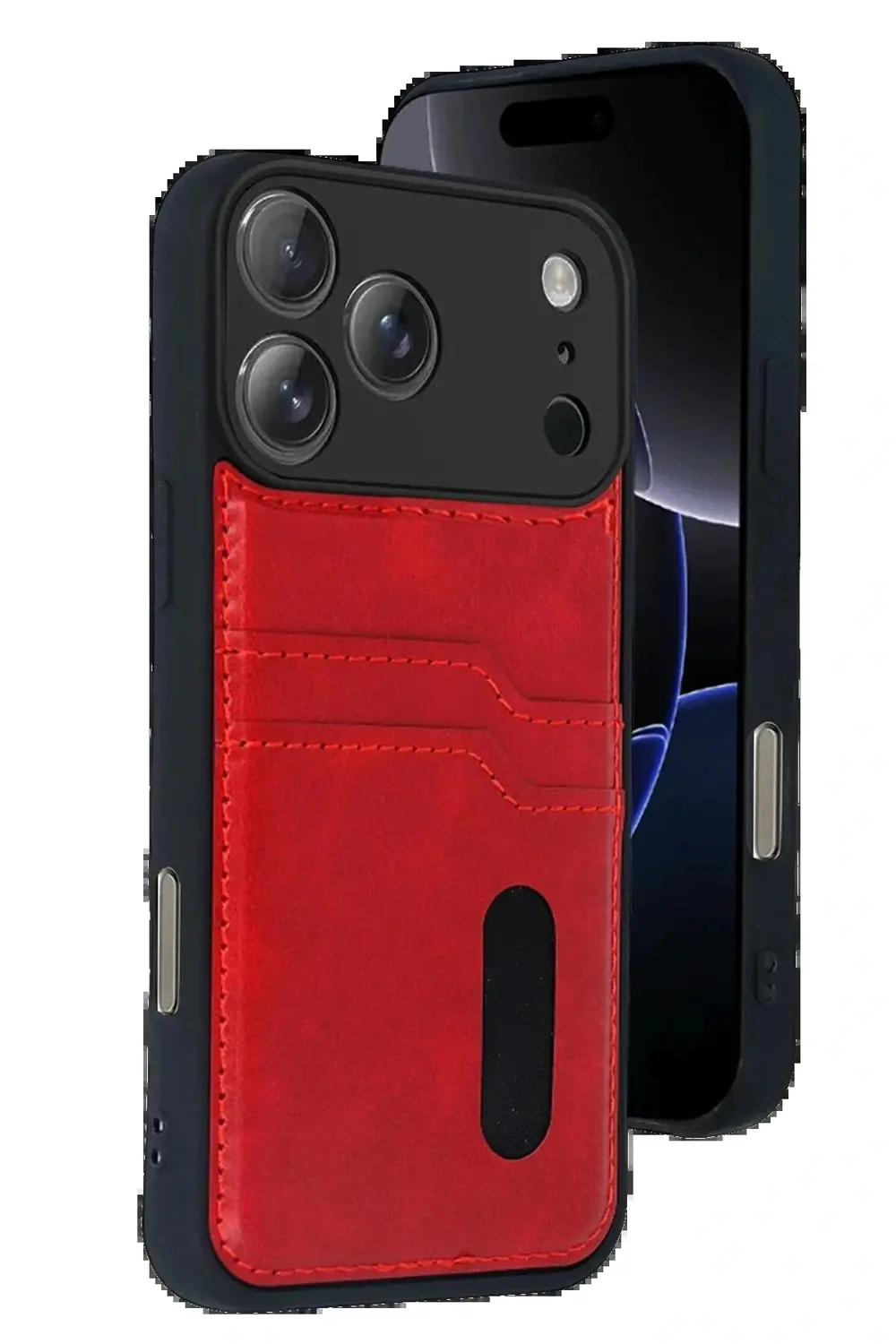 Apple iPhone 17 Pro Sara Kartvizitli Deri Kılıf - Kırmızı-(5796)