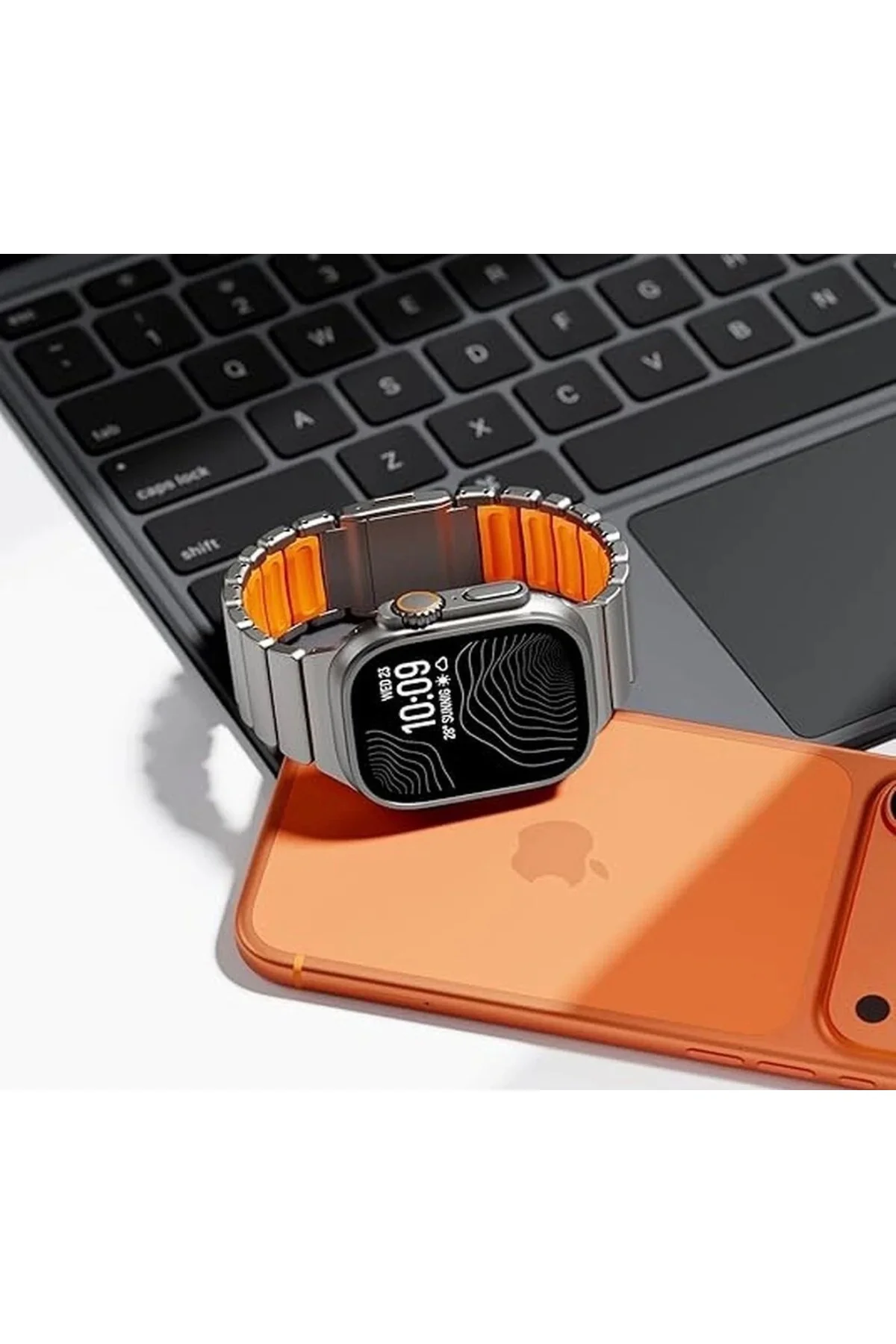 Apple Watch Ultra Uyumlu Titanyum Premium Kordon – Turuncu İç Detaylı Üst Segment Seri
