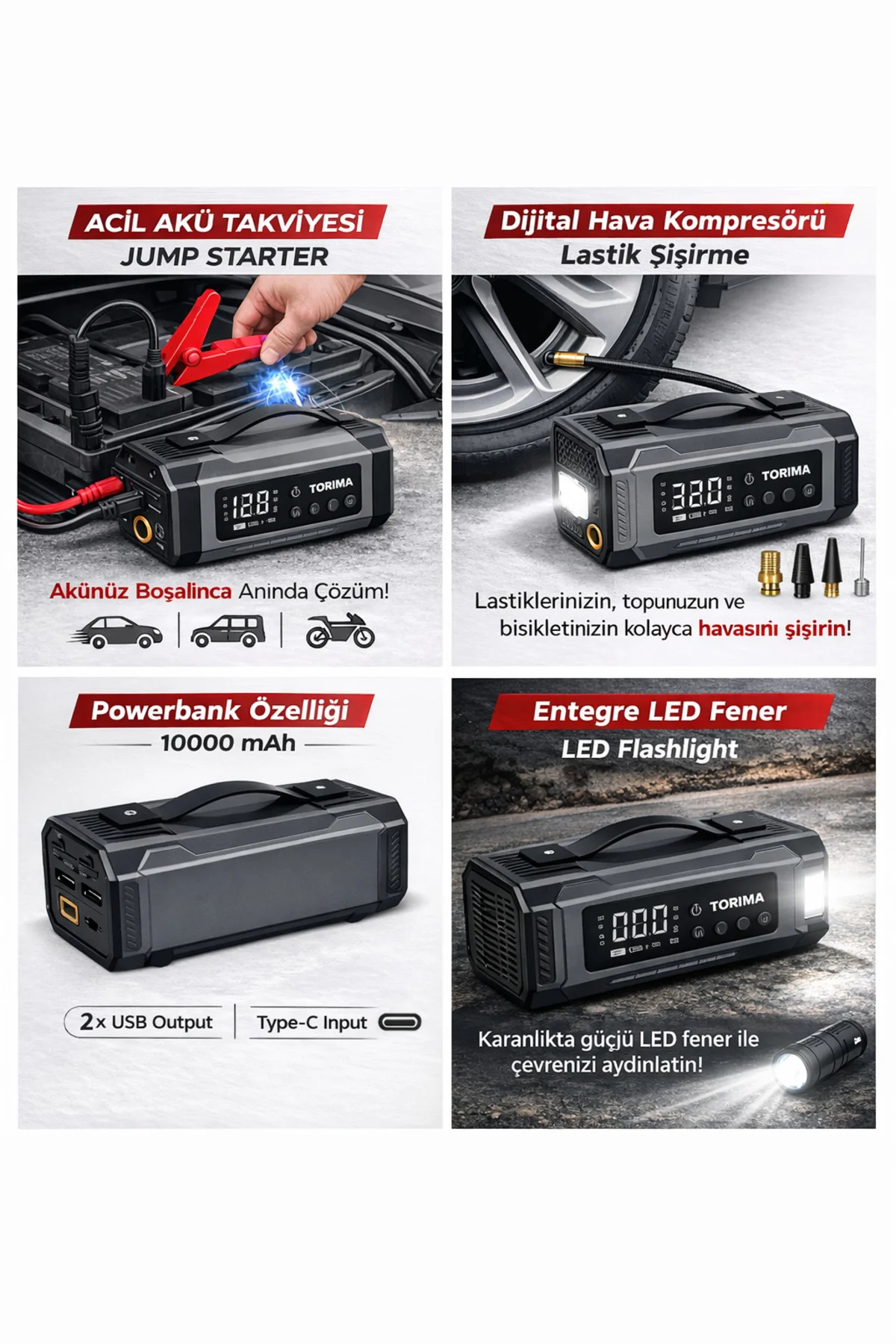 APS-04 10000mAh Akü Takviye Jump Starter + Dijital Hava Kompresör