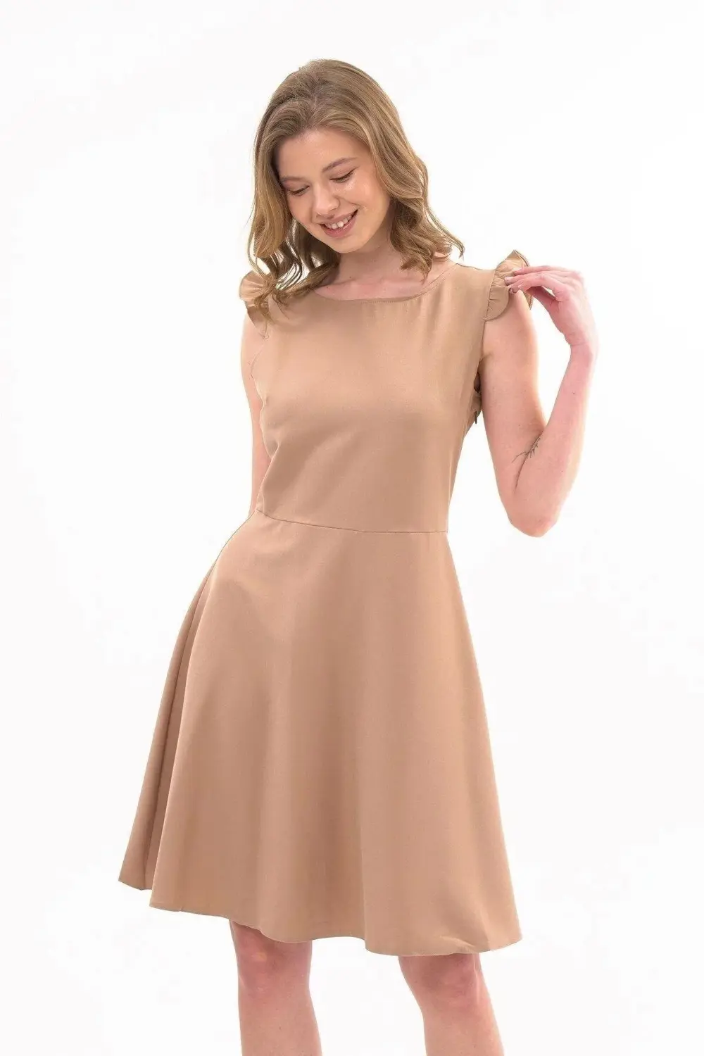 Apsen 4321/95 Kadın Renk Camel Omuz Detaylı Midi Boy Elbise