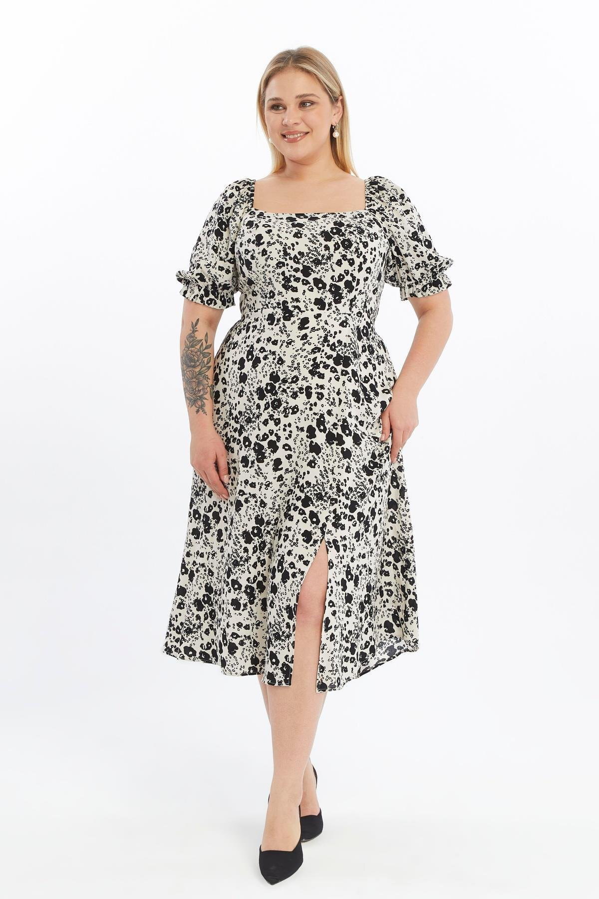 Apsen  4507-125 Kadın Bej Kare Yaka Önden Yırtmaçlı Kol Detaylı Em