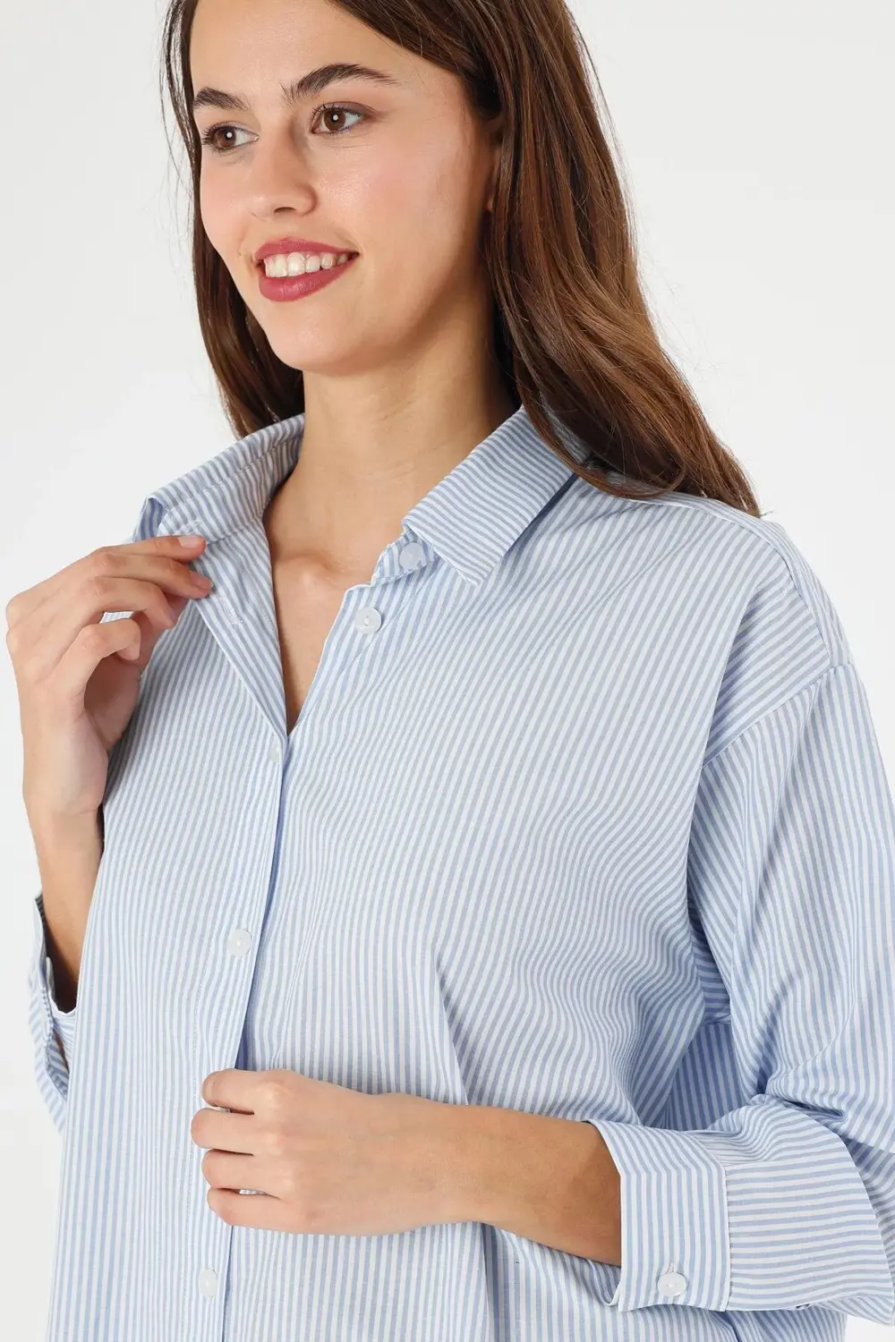 Apsen Kadın 5186/75-38 Mavi Çizgili Sırtı Düğme Detaylı Oversize/