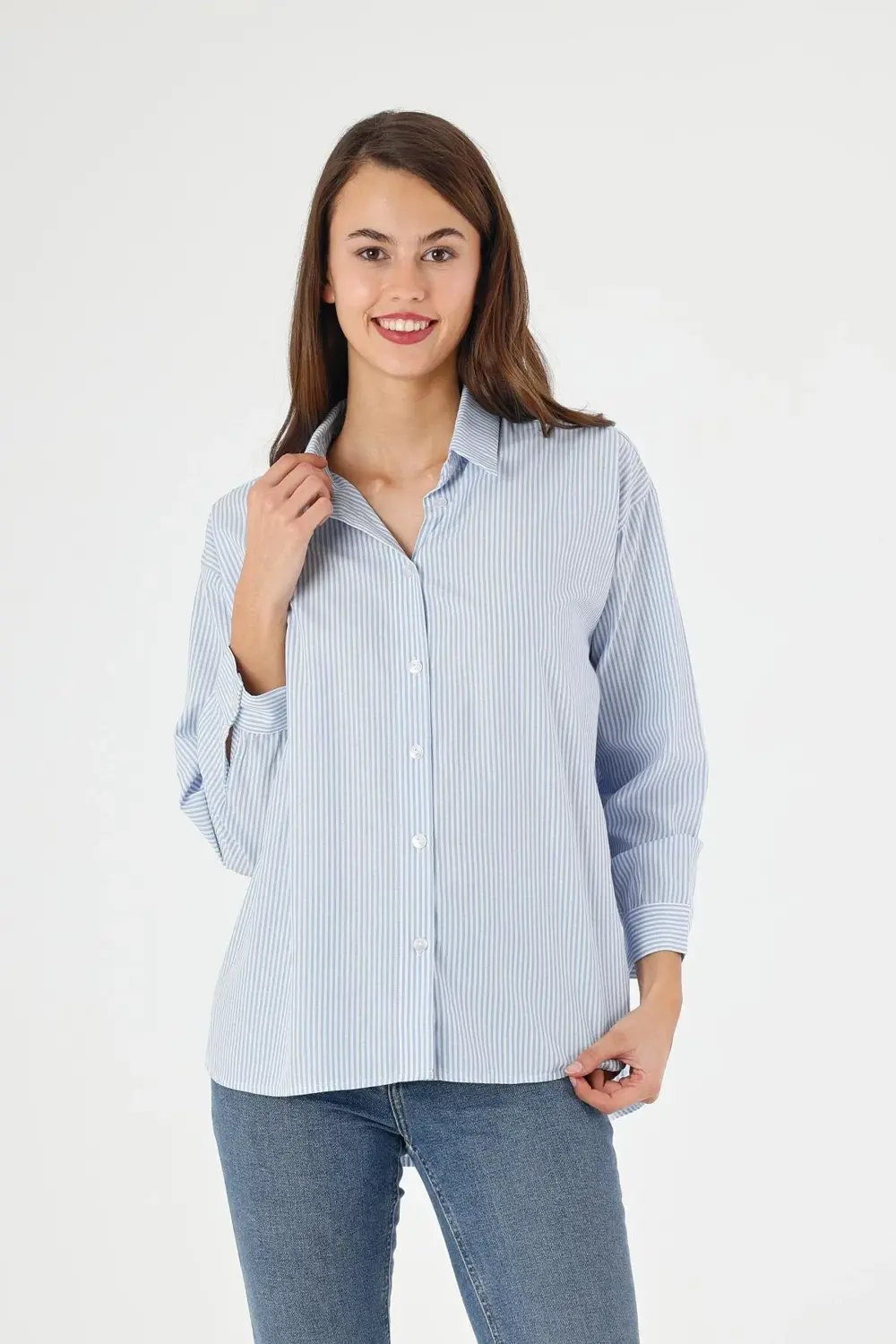 Apsen Kadın 5186/75-38 Mavi Çizgili Sırtı Düğme Detaylı Oversize/