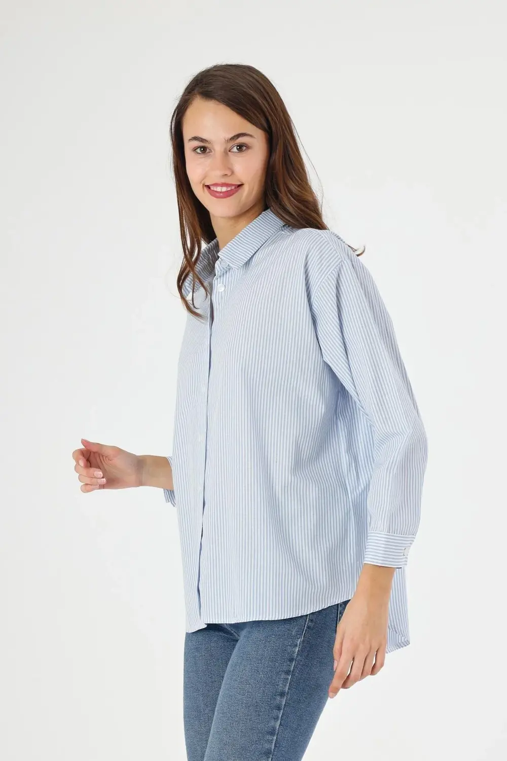 Apsen Kadın 5186/75-38 Mavi Çizgili Sırtı Düğme Detaylı Oversize/