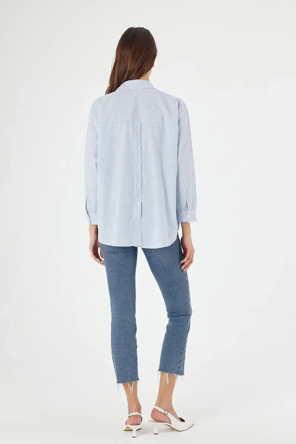 Apsen Kadın 5186/75-38 Mavi Çizgili Sırtı Düğme Detaylı Oversize/