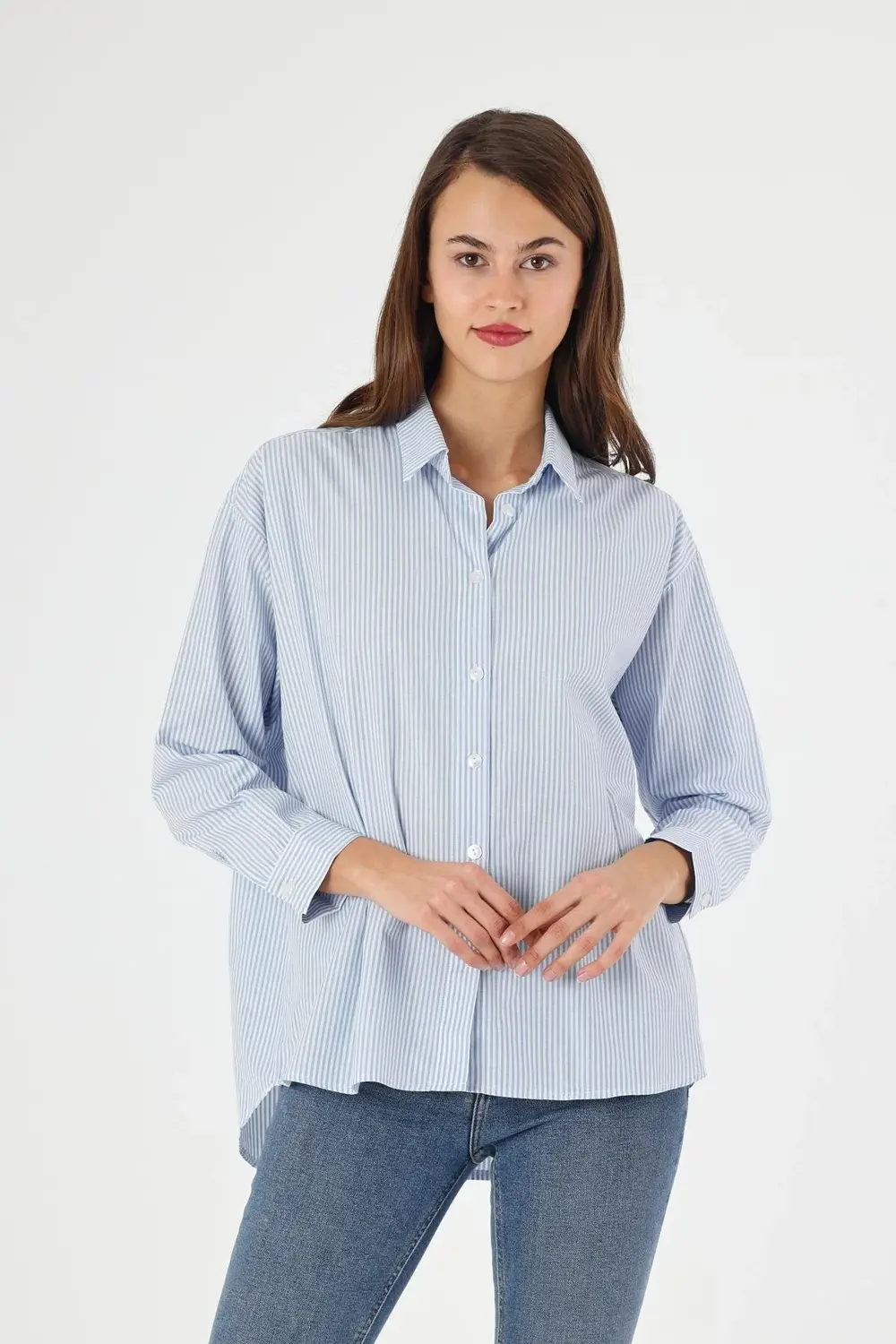 Apsen Kadın 5186/75-38 Mavi Çizgili Sırtı Düğme Detaylı Oversize/