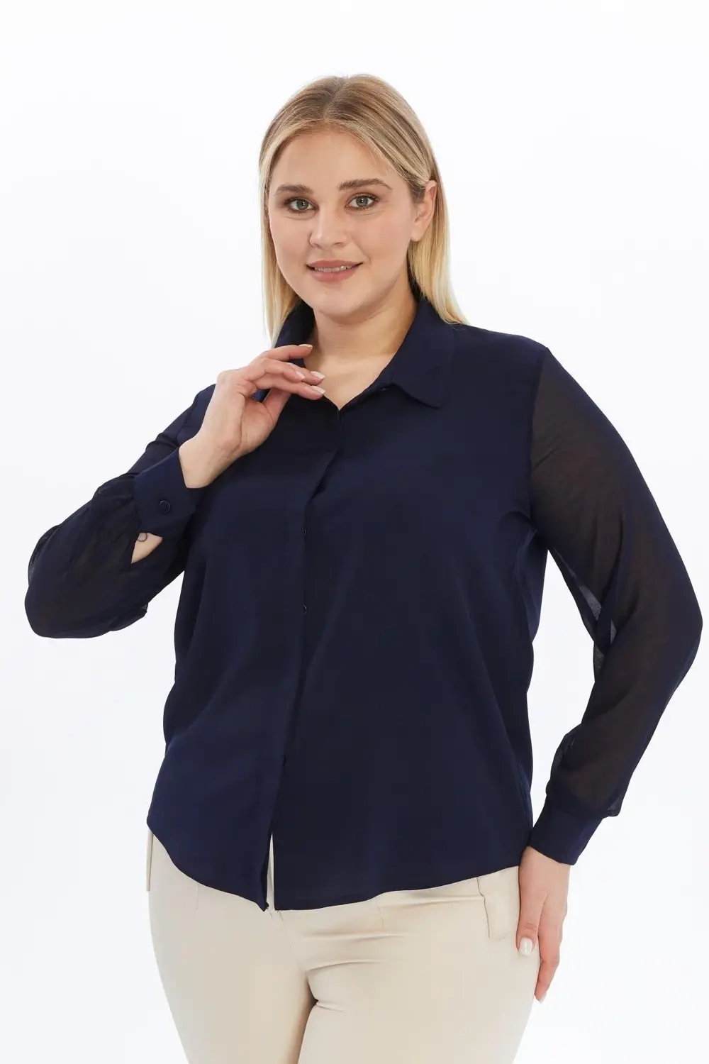 Apsen  Kadın 5187/70 Lacivert Uzun Kol Düğmeli Şifon Dokuma Büyük