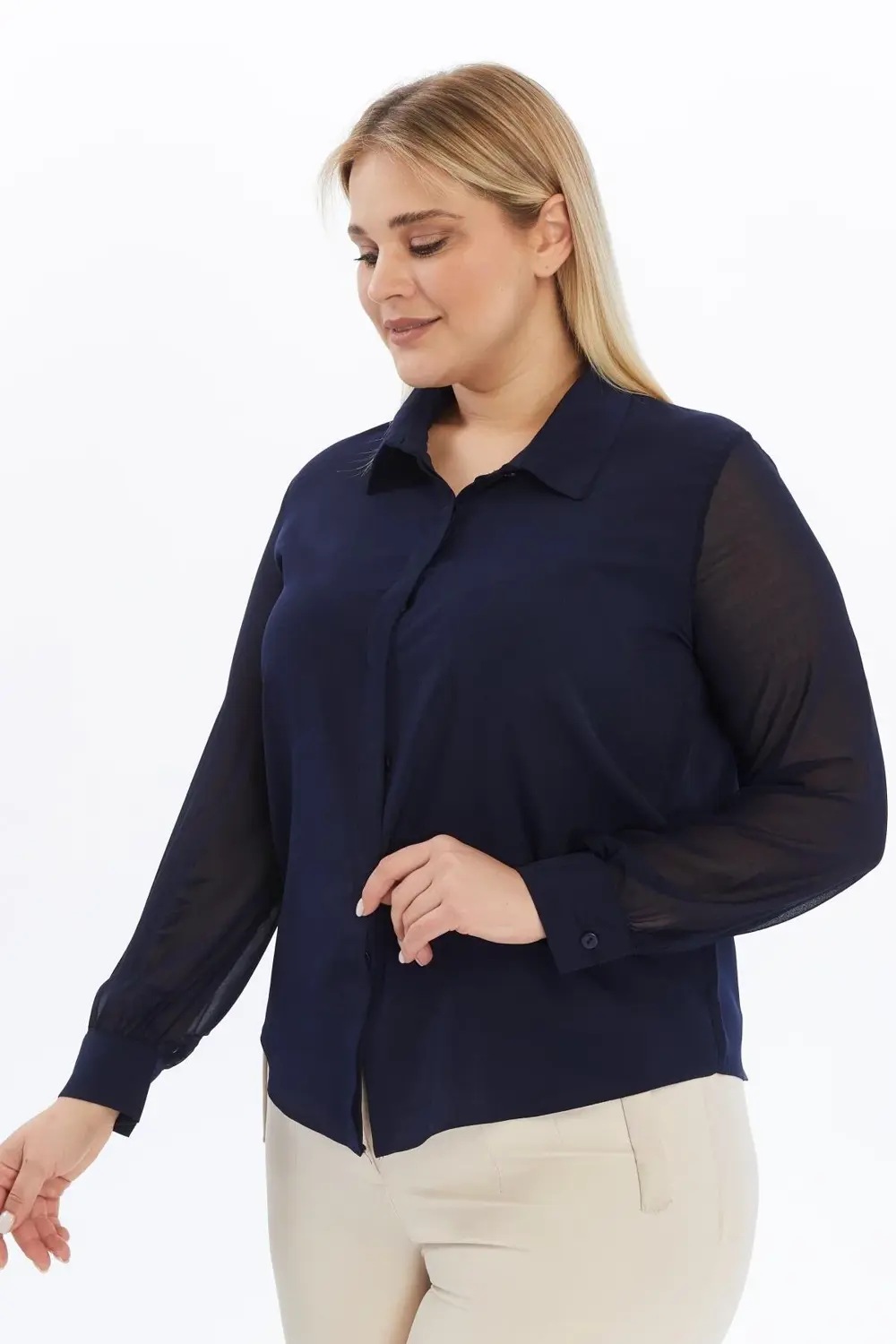 Apsen Kadın 5187/70 Lacivert Uzun Kol Düğmeli Şifon Dokuma Büyük