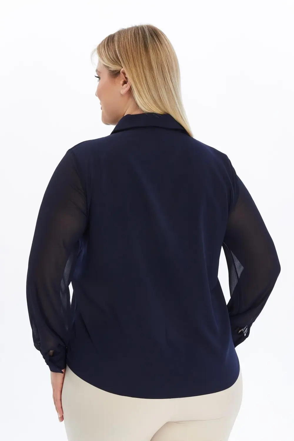 Apsen Kadın 5187/70 Lacivert Uzun Kol Düğmeli Şifon Dokuma Büyük