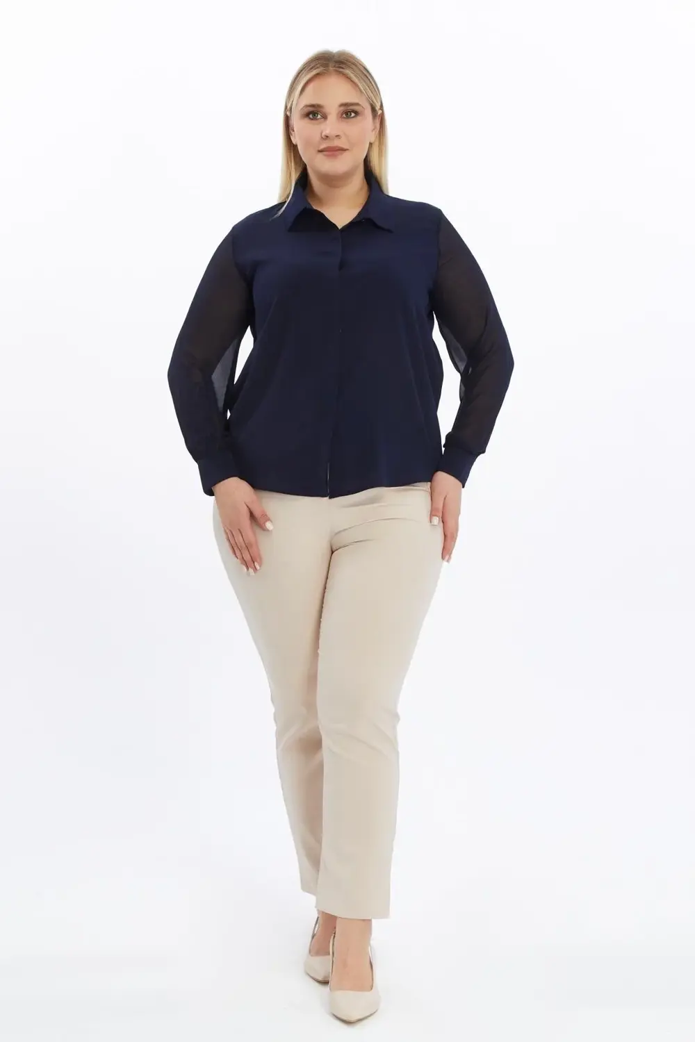 Apsen Kadın 5187/70 Lacivert Uzun Kol Düğmeli Şifon Dokuma Büyük