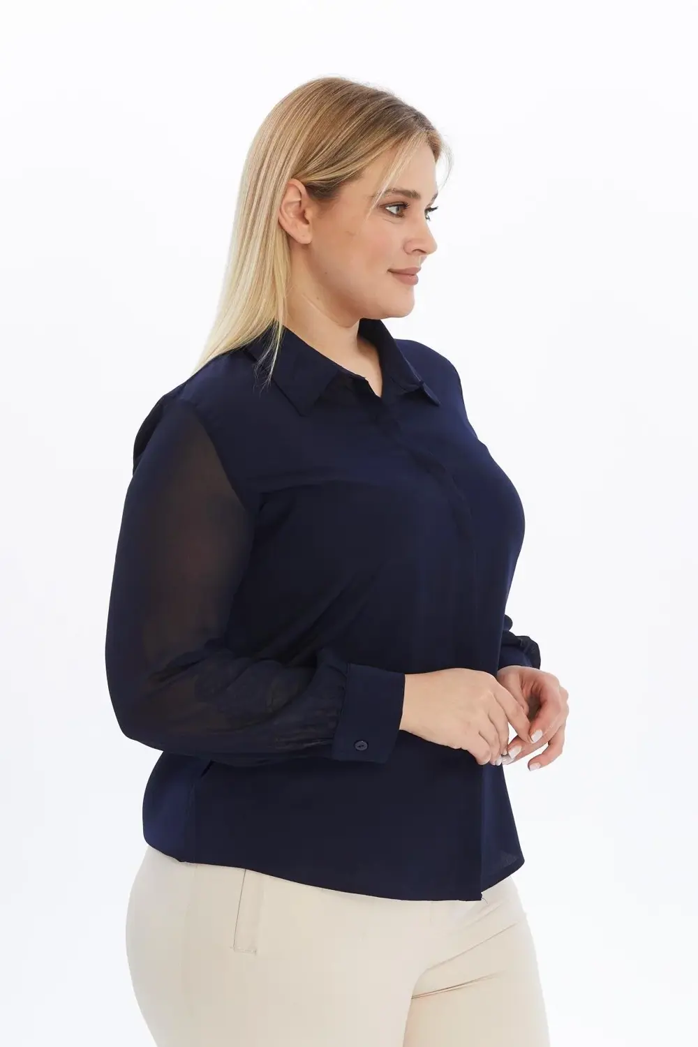 Apsen Kadın 5187/70 Lacivert Uzun Kol Düğmeli Şifon Dokuma Büyük