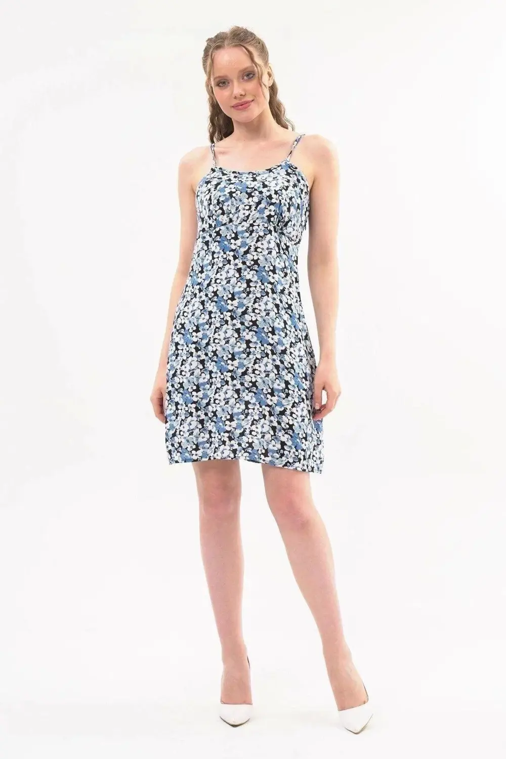 Apsen Kadın Askılı Desenli Büzgü Detaylı Yazlık Kısa Elbise 4429-