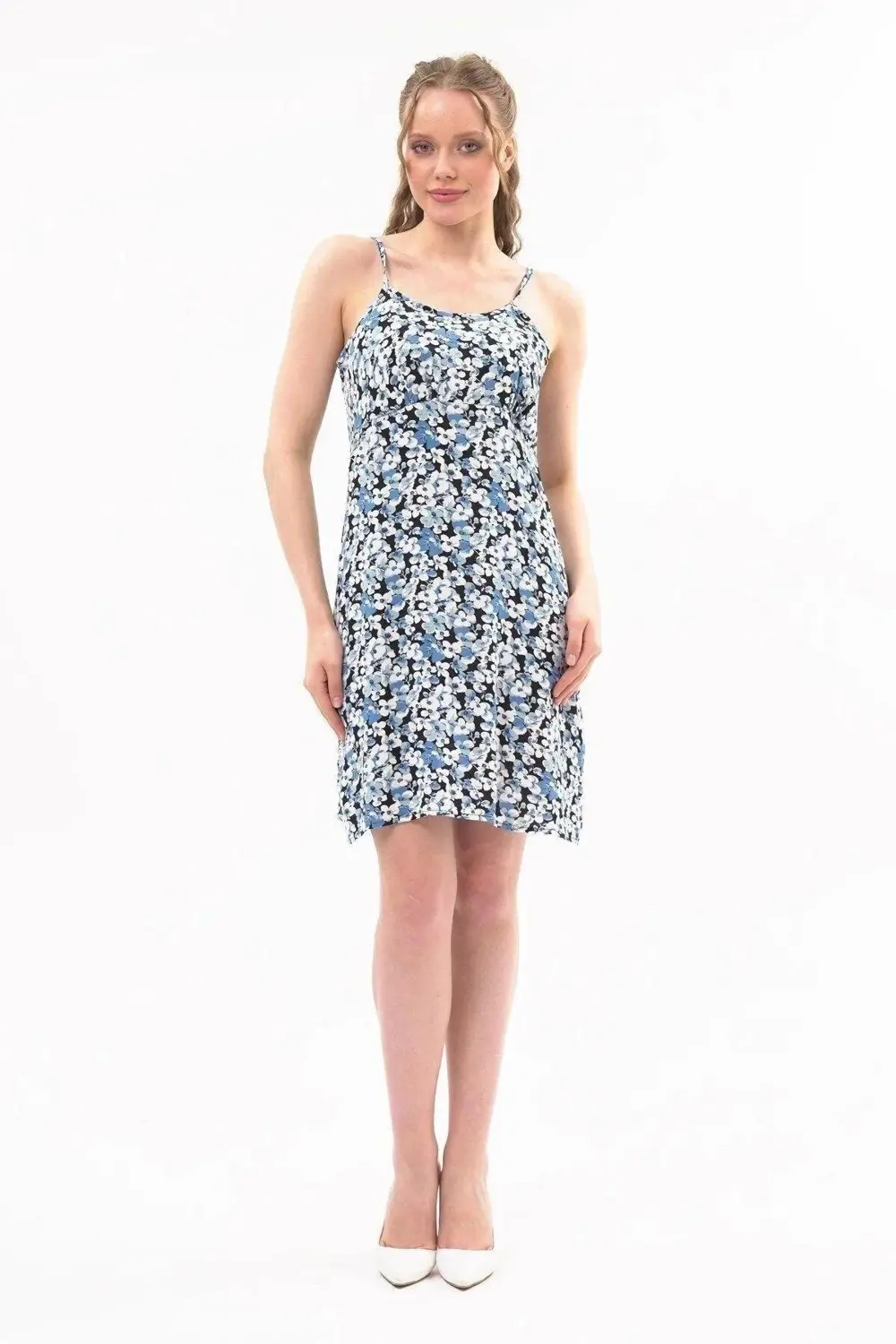 Apsen Kadın Askılı Desenli Büzgü Detaylı Yazlık Kısa Elbise 4429-