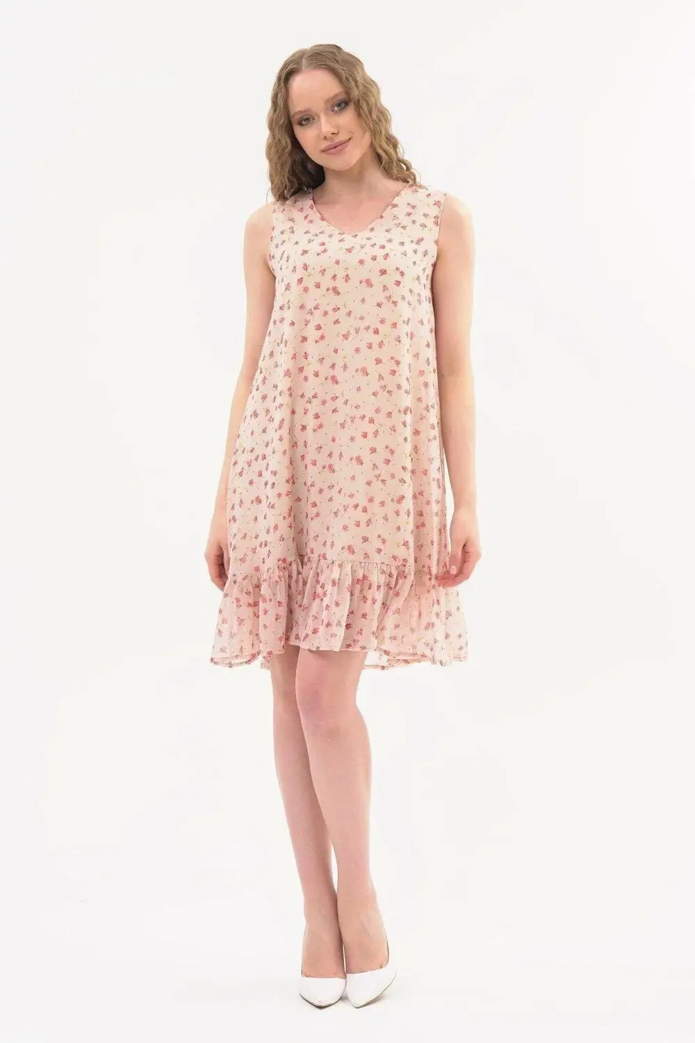 Apsen Kadın Bej Büzgü Detaylı Midi Boy Emprime Şifon Elbise 4326-