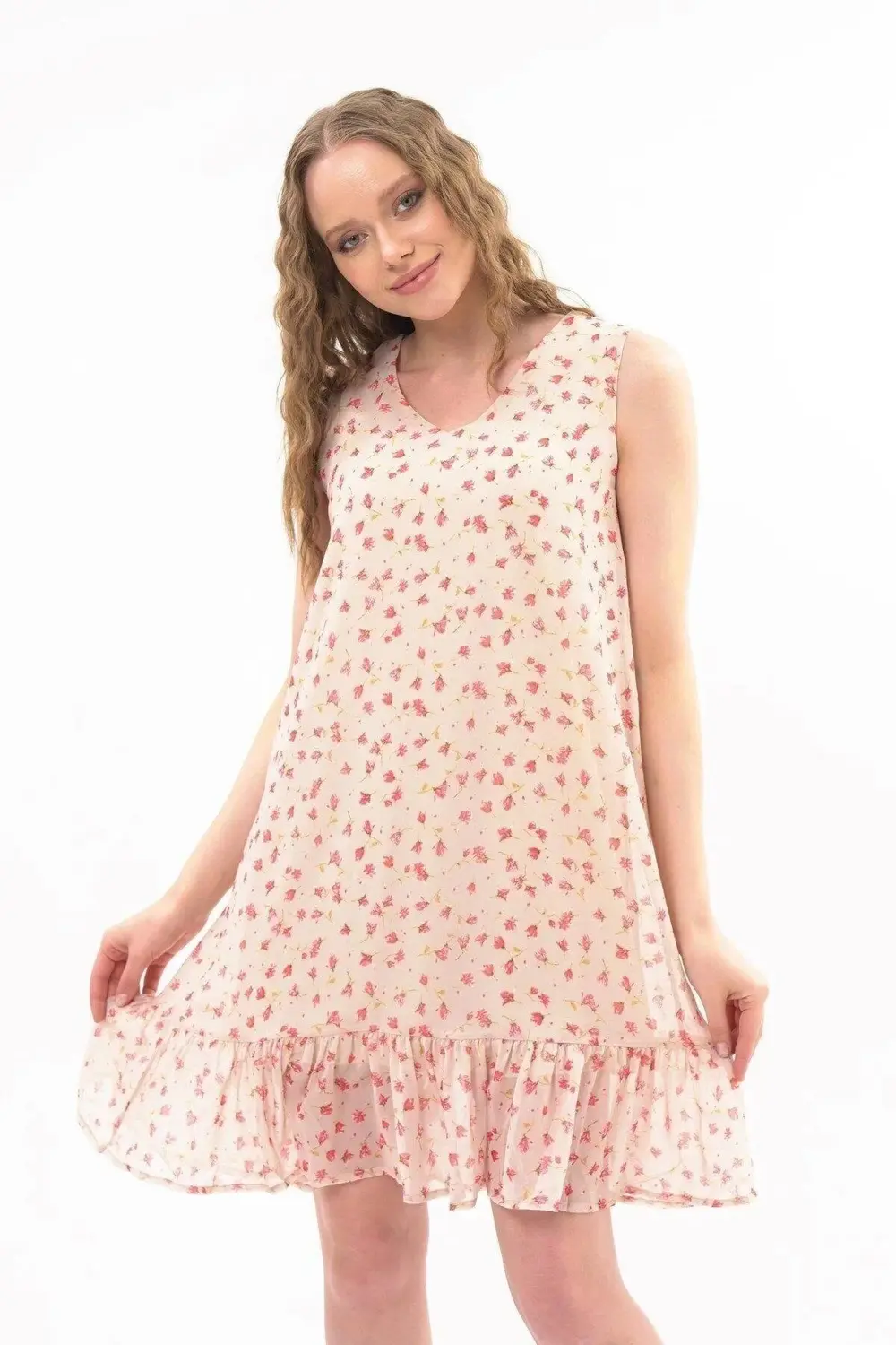 Apsen Kadın Bej Büzgü Detaylı Midi Boy Emprime Şifon Elbise 4326-