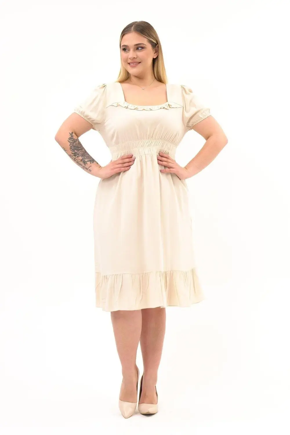 Apsen  Kadın Bej Kare Yaka Fırfır Detaylı Midi Boy Yazlık Viscon E