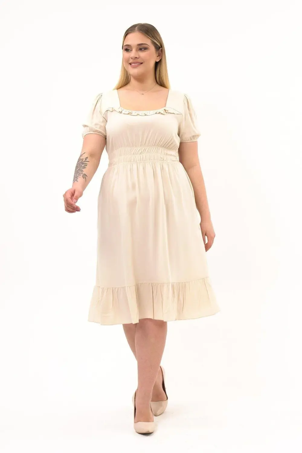 Apsen  Kadın Bej Kare Yaka Fırfır Detaylı Midi Boy Yazlık Viscon E