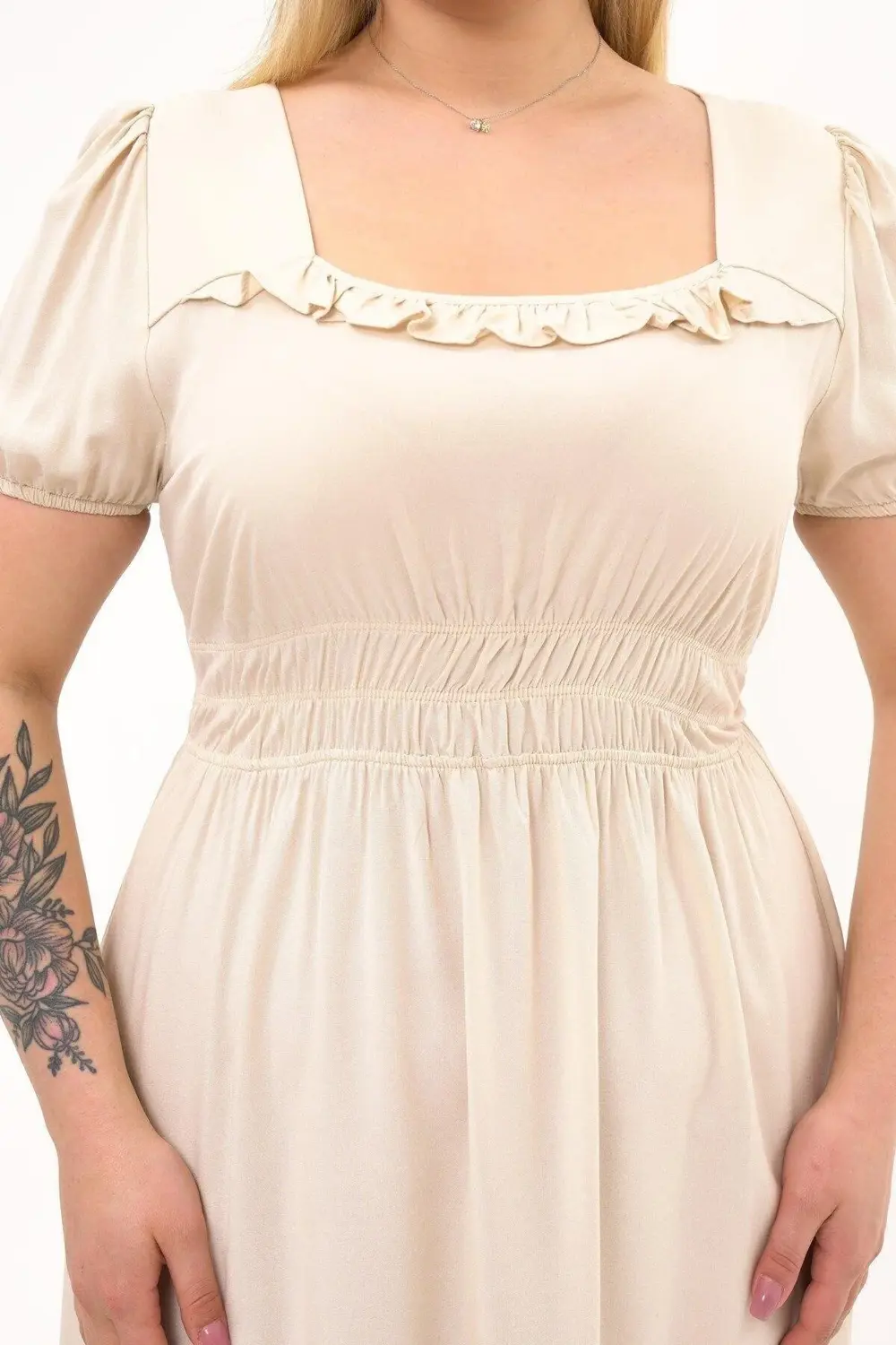 Apsen  Kadın Bej Kare Yaka Fırfır Detaylı Midi Boy Yazlık Viscon E