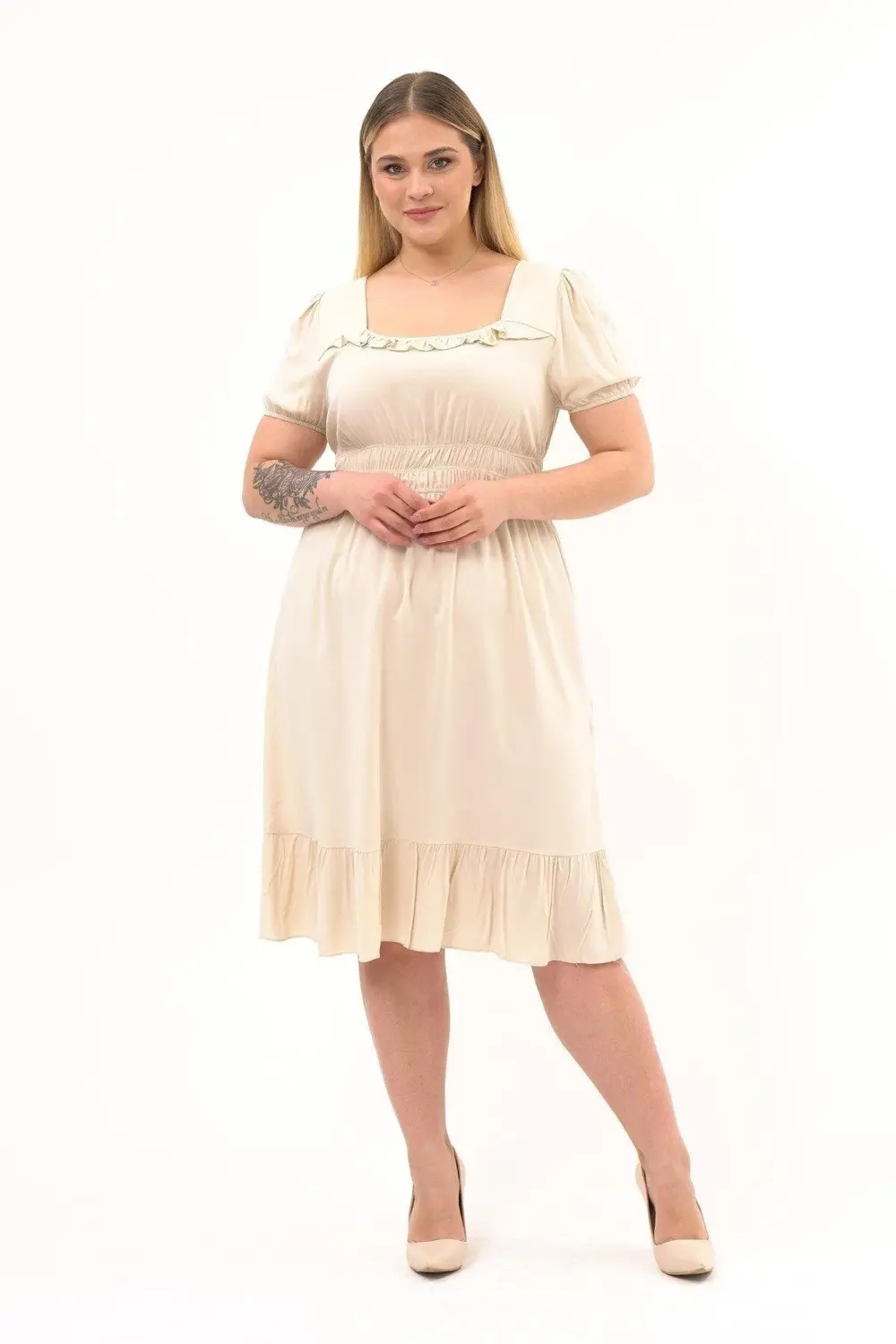 Apsen  Kadın Bej Kare Yaka Fırfır Detaylı Midi Boy Yazlık Viscon E