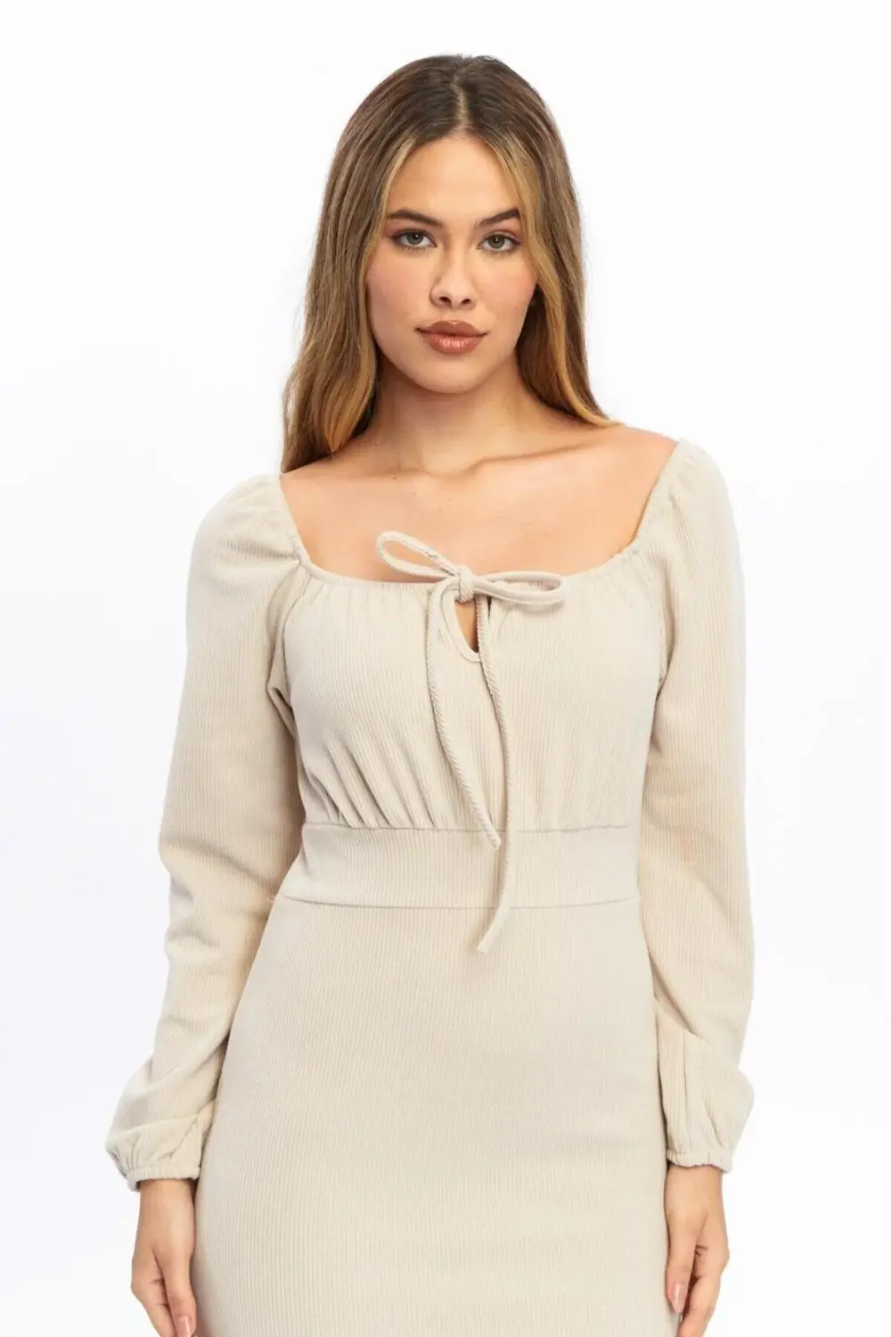 Apsen Kadın Bej Vücuda Oturan Kışlık Örme Yaka Bağlama Detaylı El