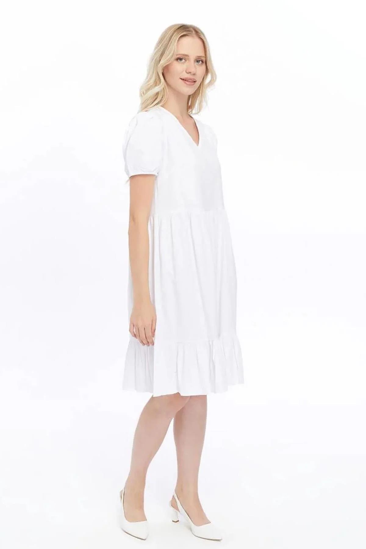 Apsen Kadın Beyaz V Yaka Büzgülü Midi Cotton Elbise 4439-100