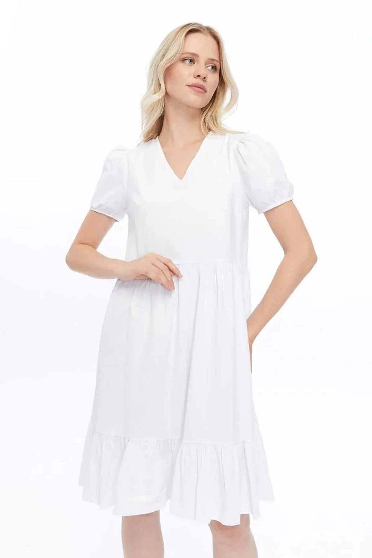 Apsen Kadın Beyaz V Yaka Büzgülü Midi Cotton Elbise 4439-100